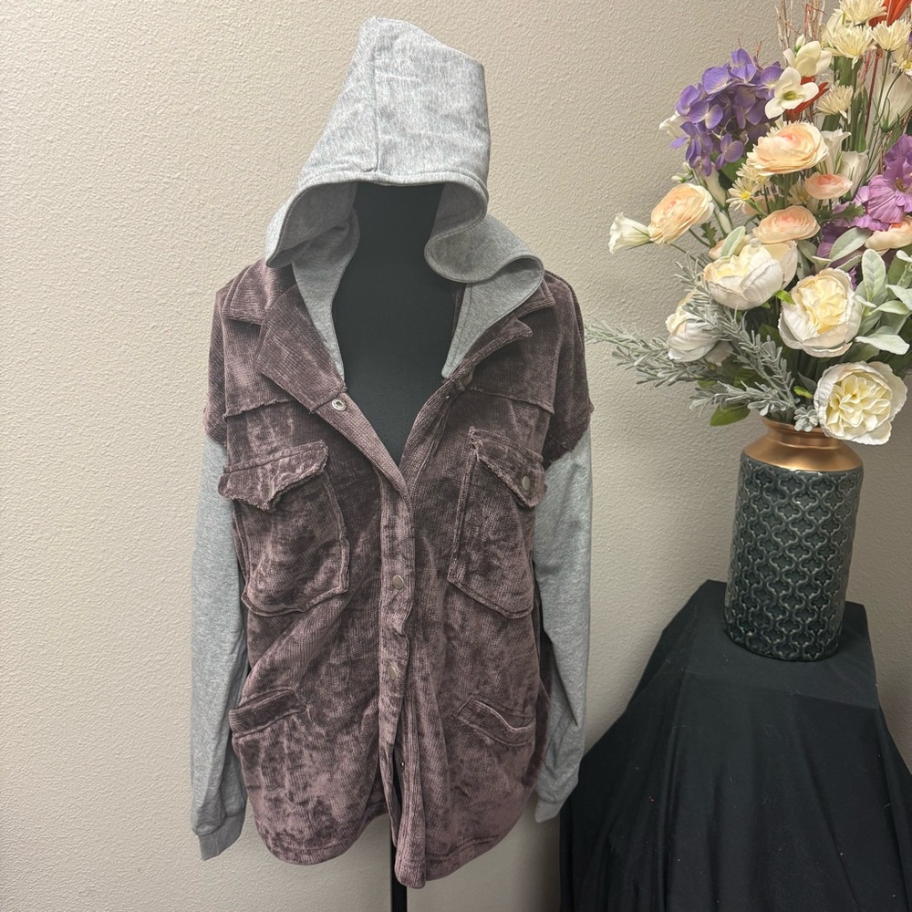 Umgee Hooded Corduroy Jacket Knit Sleeves Utility Shacket L